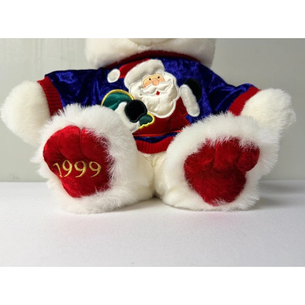 Vintage 1999 Christmas Teddy Bear White Plush Santa Sweater 14in